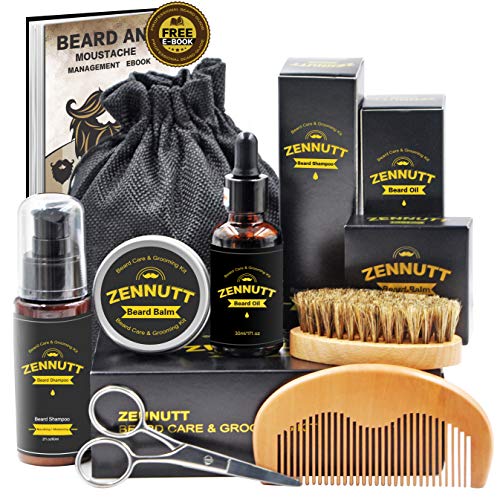Juego de cuidado de la barba con champú, aceite para barba, bálsamo para barba, cepillo para barba, peine para barba, tijeras para barba, set de cuidado para la barba regalo para papá hombres