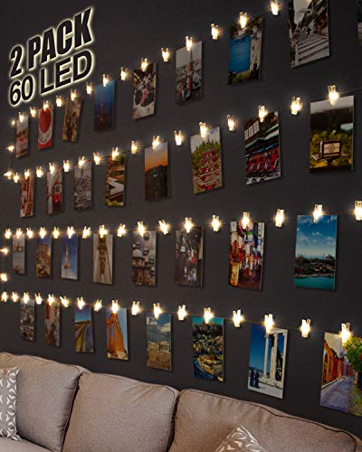 [2 Pacchi] Kolpop Luci Per Foto Polaroid, 6M 60LED Lucine Led Decorative Per Camere Filo Per Foto Con Mollette Luci Led Foto Clip 30 Clip Luci Decorative Interno Per Matrimonio Compleanno Bianca Caldo