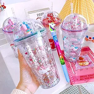 Unicorn Sipper Light Sipper Non-Light Sipper with Sparkle with Straw for Girls 600 ml Travel Sipper Designer Fancy Unicorn Theme Sipper with Unicorn Water Glitter Pen (2106)