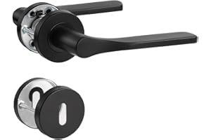 SORWDUERM Poignée de porte noire en acier inoxydable mat - Poignée de porte pour porte d'entrée et porte intérieure - En forme de L - Rosace ronde - Cylindre profilé