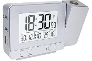 Queta Despertador de proyección, reloj digital con proyección de tiempo y temperatura con doble alarma, humedad, repetición, temporizador, calendario, puerto USB Plato