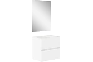 Baikal, Conjunto de baño Natura. Mueble de Baño de Fondo Reducido, con Lavabo cerámico. Distribución Dos Cajones. Mueble MONTADO. Dos Cajones con Espejo. Fondo 39cm 50 cm Blanco