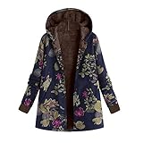 iHENGH Vorweihnachtliche Karnevalsaktion Damen Herbst Winter Bequem Mantel Lässig Mode Jacke Frauen  Womens Winter Warm Outwear Blumendruck Mit Kapuze Taschen Vintage Oversize Mäntel