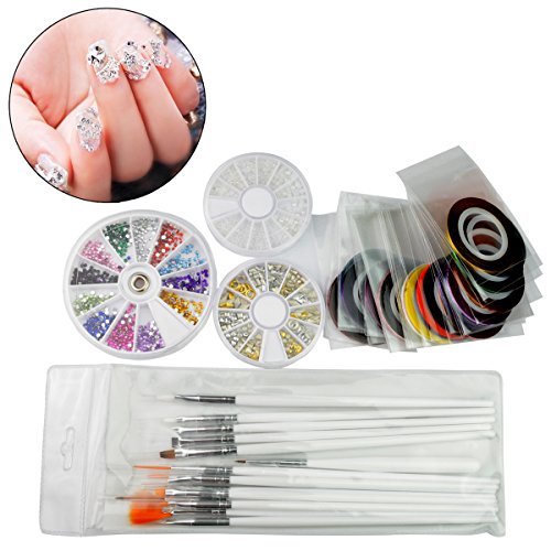 15pcs Nail Brushes, 12 Colors Nail Rhinestones, 30 Rolls 3D Nail Art Tape, A box of Gold / Silver Crystal Studs, A box of white pearls by SUMERSHA
