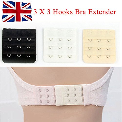 Nestling® Ladies Bra Extension Strap Underwear Strapless 3 Hook, 3 x Bra Extender (White/Black/Apricot)