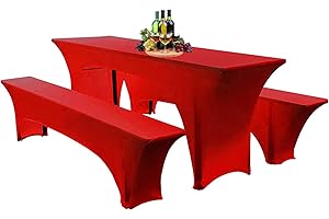 SHUOJIA Elastische Hussen Für Bierzeltgarnitur Biertischhussen Bierbank-Auflage & Tischdecke 50 cm Oder 70 cm Tischbreite, 3 TLG Set Stretch Hussen Für Festzeltgarnituren Bierbank (70cm,Big Red)
