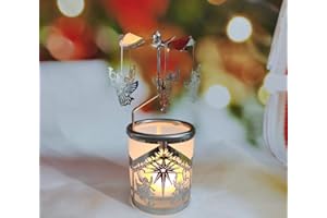 LAJAO Glass Tea Light Candle Holders Rotary Tealight Carousel with Spinning Fairy Angel Silver Plated Christmas Decoration for Home Tables Gifts for Mom Wife Birthday Wedding - 6 ¼ Inch Tall(Angel)