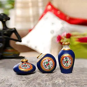 ExclusiveLane Warli Hand-Painted Living Room & Home Decorative Miniature Terracotta Pots Showpiece Set (Small, 7.6 cm x 7.6 cm x 9.1 cm, Blue, Set of 3, Mini Pots)