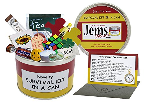 Retirement Survival Kit In A Can. Humorous Novelty Fun Gift - Friend/Work Colleague/Boss Retirement Present & Card All In One. Customise Your Can Colour. (Red/Yellow) by Jemsideas