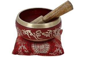 Ajuny Juego de Cuencos Tibetanos - Cuenco de Sonido de Latón Hecho a mano para Meditación con Varilla y Cojín para Yoga Curación de Chakras Atención Plena y Alivio del Estr Regalose Epirituales, Rojo