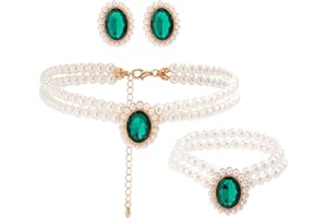 TOFBS 3 PCS Jewellery Set For Women Emerald Pendant Necklace And Earrings Set Pearl Bracelet Bridal Jewelry For Girls Birthday Weddings Bridal Christmas Day Gifts
