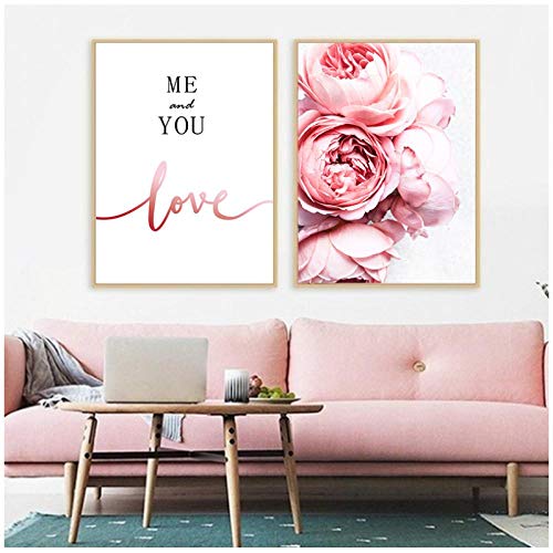 Zhaoyangeng Pintura Moderna De La Lona De La Flor De La Peonía Minimalista Floral Wall Art Poster Beauty Love Scandinavian Quotes Wall Pictures- 50X70Cmx2 Sin Marco