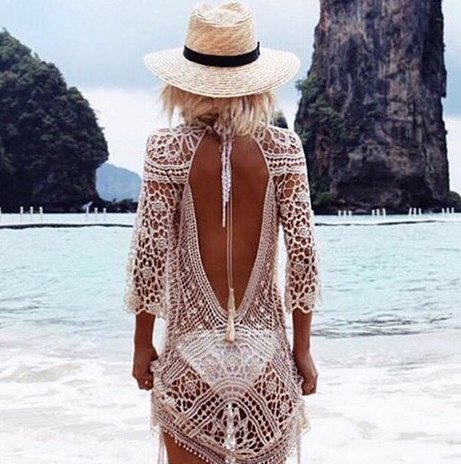 ASSKDAN Damen Boho Spitze Nackten Rücken Bikini Cover Up StrandKleid Sommerkleid One Size - 2