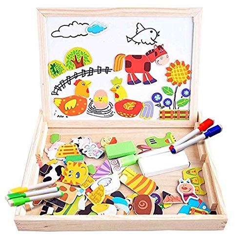 LOORI Puzzles Rompecabezas Magnéticos de Madera Juguete Educativo Tablero de Dibujo de Doble Cara para Niños Niña 3 Años 4 Años 5 Años - Acerca de 100 Piezas (Granja) 