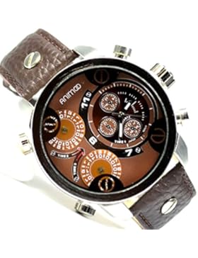 HERRENUHR Triple TIME BRAUN SILBR XXL LEDER UHR FASHION WATCH CHRONO LOOK