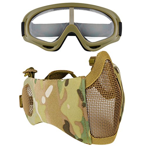 Fansport Masque en Acier à Mailles Masque Demi Visage Protection de L Oreille du Visage Réglable Masque Airsoft avec des Lunettes de Plein Air