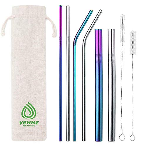 VEHHE Metal Straw Reusable Stainless Steel Straws 6 Set 10.5" Drinking Straws 0.48'' Wide Smoothie Straws Rainbow Color Cleaning Brush Portable Bag for 20/30 Oz for Yeti RTIC SIC Ozark Trail Tumblers