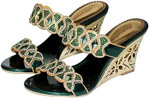 crystal diamond slope with high heels rome sandals handmade leather women evening banquet party nightclub pumps slippers shoes . green . 43
