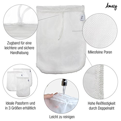 Amazy Nussmilchbeutel – Das vielseitige Passiertuch ideal für Nussmilch, Frucht- und Gemüsesäfte und Smoothies (25x30cm | 10″x12″) - 2