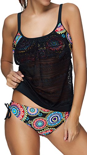 Bettydom Vestido de Traje de Baño de Mujer de Dos Piezas, Color de Golpe, con Cobertura sobre Vientre y Espalda (Large, Caleidoscopio)