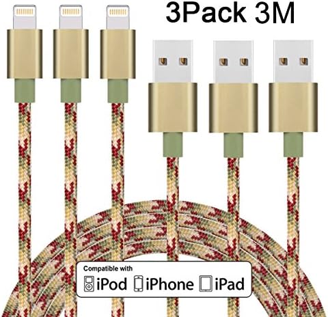 Lightning Cable, SUNDIX 3Pack iPhone Charger Cable 3M Nylon Braided Fast Charging for iPhone 6S Plus 6 Plus 7 Plus 5 5S 5C SE, iPad Pro Air (Multi-Color)