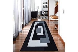 PHP Large Runner Rug for Hallways - Thick Non Slip Flat Woven Geometric Pattern Classical Indoor Carpet Runner Mat for - Kitchen Hallway Hall Bedroom Living Room, 80 x 300 cm, Black Grey