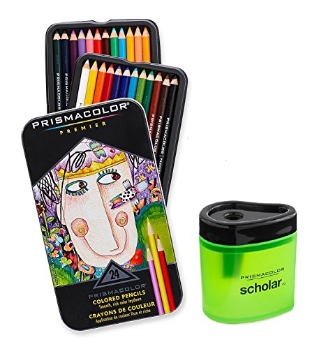 Prismacolor Premier - Juego de 24 colores surtidos de suave núcleo (3597T) + sacapuntas Prismacolor Scholar (1774266)