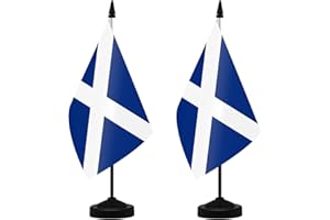 NQ Scotland Table Flag Set, 21 x 14CM Small Scottish Flag with Stand Base, Mini Flagpole Kit for Office Home Conference Holiday Decorations (2 Pack)