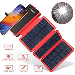 POWOBEST Chargeur Solaire Batterie Externe 20000mAh Power Bank Portable Étanche avec Chargeur à Induction sans Fil, 3 Panneaux Solaire, 2 Ports USB pour Téléphone iPhone Samsung Huawei