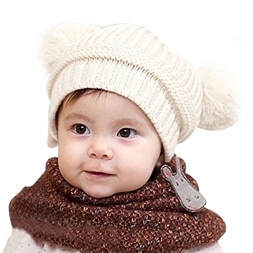 Baby Hat,Eenkula Cute Baby Kids Girl Boy Dual Balls Warm Winter Knitted Cap Hat Beanie (White)