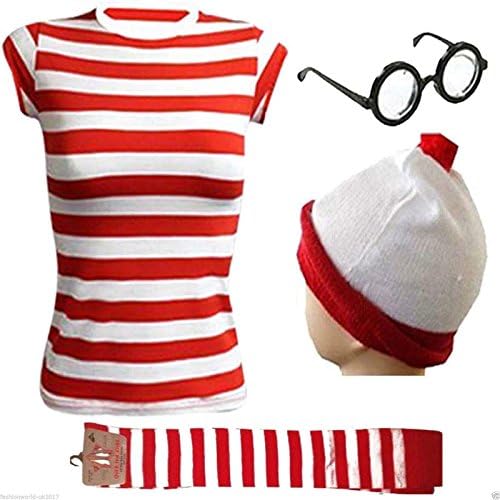 WOMENS GIRLS WHERES WALLY STRIPS T-SHIRT KIT HEN PARTY COSTUME BOOK WEEK DAY (XXL, Red & White)