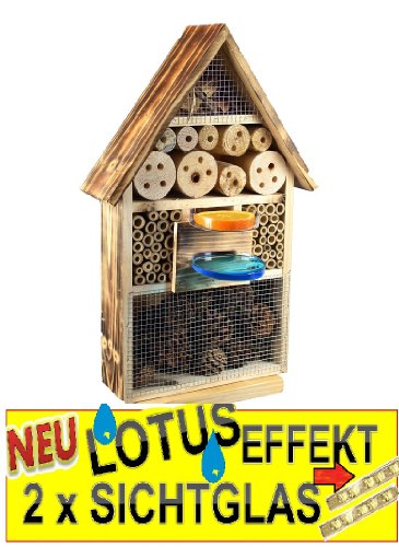 Gartendeko Nistkasten 50 cm groß hell GEFLAMMT RUSTIKAL, für Marienkäfer Schmetterling INSEKTENHOTEL,LOTUS-AUSFÜHRUNG (mit wasserabweisender Oberfläche), MIT 2 x SICHTGLAS ca. 8 mm und 11 mm (2 BEOBACHTUNGSRÖHRCHEN aus Glas, mit Zellstoff-Verschluss und Anflughilfe) MIT TRÄNKE SD und FUTTERPLATZ, Futterstelle,Insektenkasten, Insektenhaus, funktionelle Garten Deko passend zum Vogelhaus oder Vogelhäuschen - 8