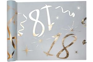 PAPSTAR WOOOOZY Metallic 18. Geburtstag Tischläufer, 5m x 30cm, Gold, goldene Zahlen, Sterne und Linien, Polyester