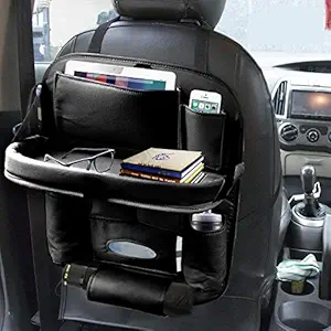 Coku Car Backseat Organizer with Tablet Holder Storage Pockets PU Leather Car Storage Organizer with Foldable Table Tray (Black)