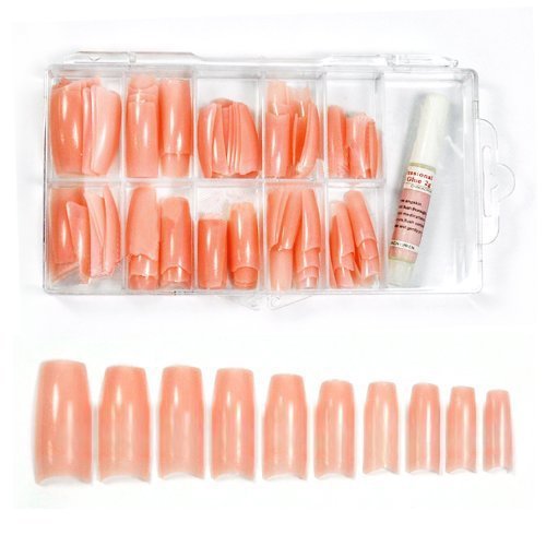 BF New Colored French Acrylic Nail Tips with Tip Box & Glue For Nail Extensions Nail Art Display (100pcs) – Nude Color