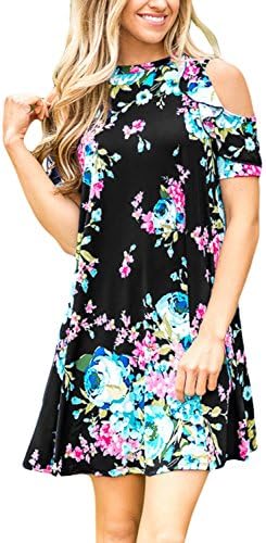 Annflat Women's Summer Ruffled Cold Shoulder Short Sleeve Flowers Print Mini Dress Medium Black