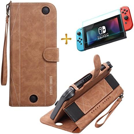 Nintendo Switch Portable Case, Protective leather Cover Travel Carry Storage Bag Case Pouch Accessory Set with Game Cartridge for Nintendo Switch Console & Accessories (Wallet, Brown)