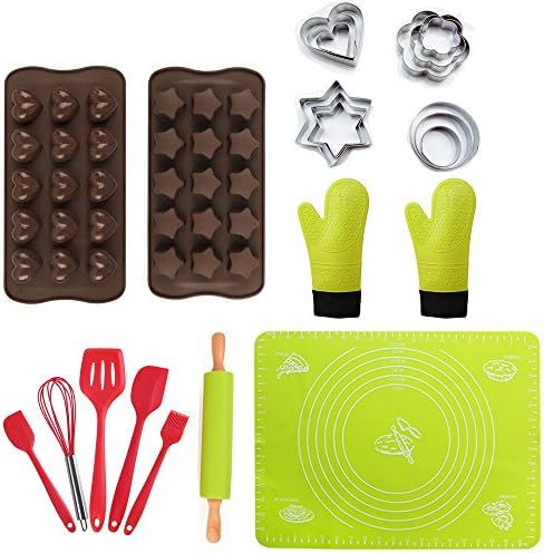 AoDi 23 Piece Silicone Bakeware Baking Set - Set of 12 Stainless Steel Cookie Cutter, Premium Quality Heart-shaped and Pentagram Shape Silicone Trays, 1 Pair Heat Resistant Silicone Oven Gloves Non-Slip with Cotton Lining, Spatula &amp; Pastry Brush &amp; whisk, rolling pin, Silicone Baking Mat (Green)