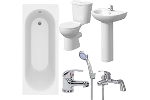 PLUMBWORLD Bathroom Suite 1600mm White Straight Bath Toilet WC Basin Sink Tap Shower Mixer