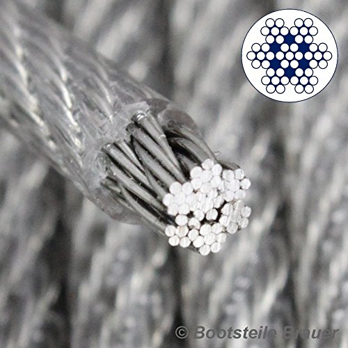 5 Meter Edelstahl - Drahtseil 7x7 D= 1,5 mm mittelweich, PVC ummantelt, transparent - Edelstahl A4 Stahlseil