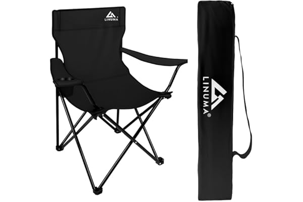 LINUMA® Chaise de Camping Noir – Pliante avec Porte-gobelet – idéale pour Festivals, pêche & Camping
