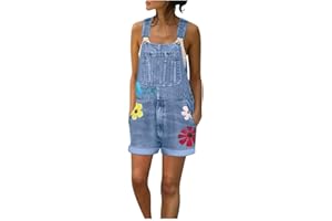 LUCKME Jean Shorts Women Denim Dungaree Shorts Adjustable Straps Stretchy Loose Fit Jean Bib Dungarees Overall Printed Baggy Jumpsuits Wide Leg Playsuits with Pockets