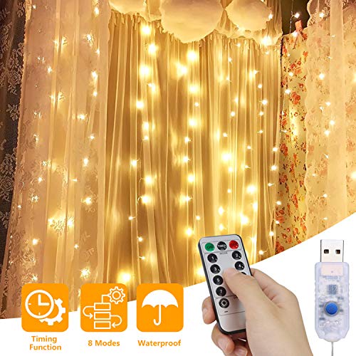 Rideau Lumineux, Fenêtre Guirlande Lumineuse Rideau prise à Piles ou USB 310 LED 3M*3M, 8 Modes d'éclairage, Ambiance pour Décoration Noël, Mariage, Anniversaire, Balcon, Terrasse