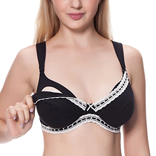 La Isla Women's Cotton Soft Cup Underwire Maternity Nursing Bra Black 38D
