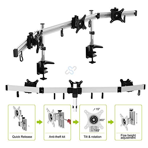 HFTEK® MP230C-N 3 Fach Triple Monitor Stand Halterung Halter Tischhalterung für Bildschirm 15 – 27 Zoll mit VESA 75 / 100 - 6