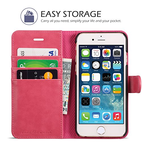 iPhone 6s Case,iPhone 6S Leather Case, TUCCH [Lifetime Warranty] Premium Folio Leather Wallet Case with [Lifetime Warranty] [Kickstand] [Card Slots] [Magnetic Closure] Flip Notebook Cover Case for iphone 6/6s-Hot Pink
