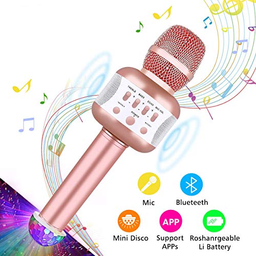 Micrófono Karaoke Bluetooth con Luces de discoteca LED, Microfono Inalámbrico Karaoke Portátil para Cantar, Función de Eco, Compatible con Android/iOS, PC o Teléfono Inteligente