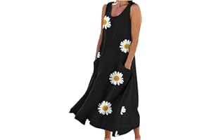 AMhomely Fancy Dress for Women UK Party Elegant Casual Solid Color Sleeveless Cotton Linen Long Dress Ladies Trendy Tunic Dresses Activewear Dresses for Vacation Cocktail Formal Work Wedding