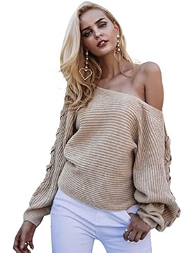 Simplee Apparel Damen Sweater Elegant Ein Schulter Lace up Oversize Strickpullover Oberteil S-L