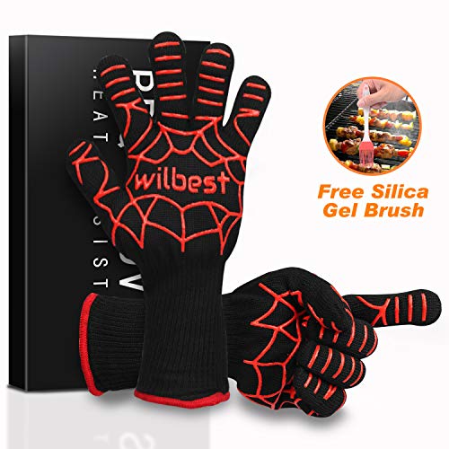 Guantes de horno Momkey, Guantes De Barbacoa, Guantes de barbacoa calor hasta 500 ° C, cocina, barbacoa...Incluye Pincel, revestimiento de silicona antideslizante, tiene logo tienda(rojo)